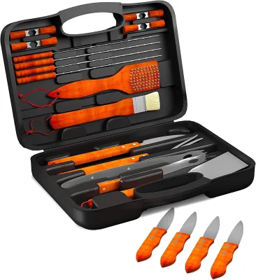 Portable 19-Piece Stainless Steel BBQ Grill Accessories Tool Set with Wooden Handles and Suitcase for Outdoor Use