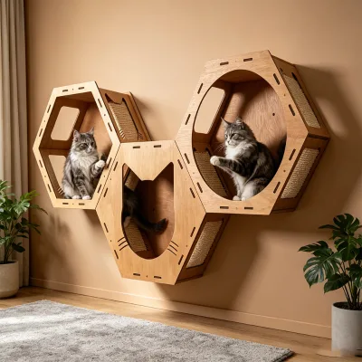 Modern Wood & Sisal Wall Mounted Hexagon Cat Shelf with Multi-Hole Design for Climbing and Resting in Living Room Bedroom