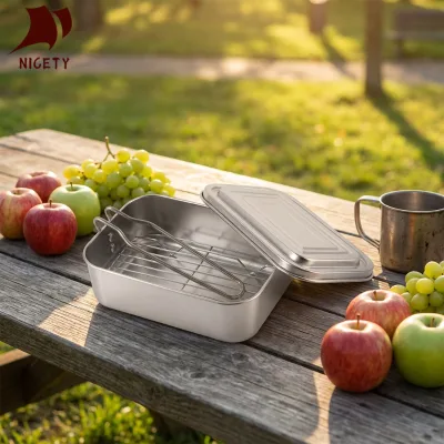 Camping Portable Stainless Steel Snack Box Container sealed Outdoor Food Storage Container  With Lid and Steam Rack