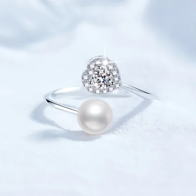 S925 Sterling Silver Women's Heart Shape Moissanite Adjustable Ring with White Pearl-Gift
