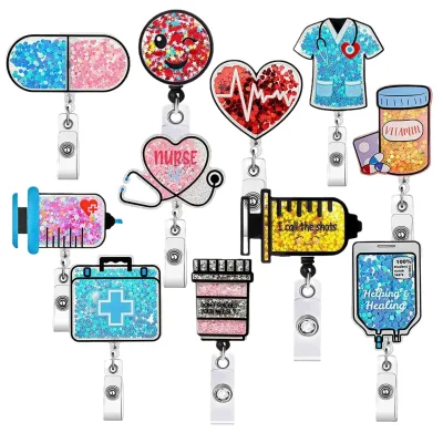2026 Wholesale Acrylic Quicksand Acrylic Flatback Flashing Needle Tube Easy-to-Open Rotating ID Badge Buckle for Doctors/Nurses