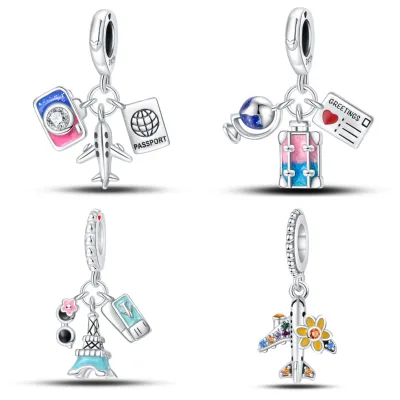 Travel Series S925 Sterling Silver Airplane Passport Earth Necklace Pendant Suitcase Beads Suitable for Original Bracelet Charm