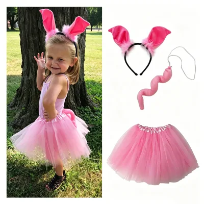 Halloween Stage Performance Cosplay Costume Pink Pig Ear Headband Tail and Tutu Skirt 3PC Set for Girls Kids