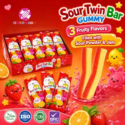 Wholesale Custom Sour Twin Gummies Stick Fruit Flavor Sour Powder Jam Filled Soft Gummy Candy for Kids