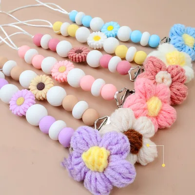 Crochet Flower Nipple Chain Sunflower Daisy Teething Chain Pacifier Clip Chain
