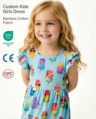 Custom Organic Bamboo Cotton Fabric Toddler Girls Dress OEKO-TEX CPC Certified Summer Kids Ruffle Sleeve Dress Family Matching