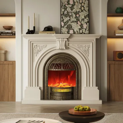 Classic American Style Wooden Fireplace Mantel with Arched Design & Antique Metal Fireplace