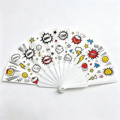 BSBH Value Bulk Set White Plastic Hand Fan Cartoon Design Easy Carry Small Fold Cool 23cm for Hot Day Use Outside