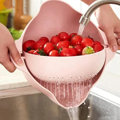 2-in-1 Rotating Draining Basket Colander Bowl Set Food-Grade PP Kitchen Fruit Vegetable Strainer Washable Storage 3 Colors