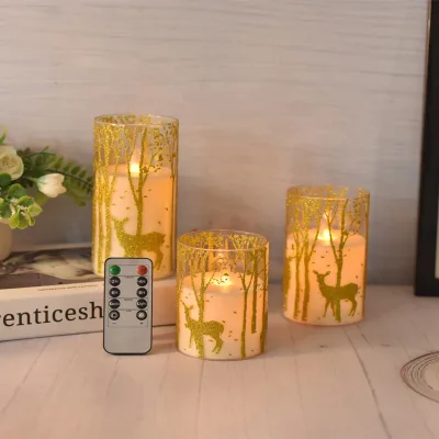 Christmas Plastic Flameless Candles Battery Operated Electronic Flickering LED Pillar Candles Light with Remote Gold Forest Deer