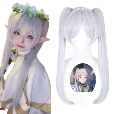 Mengtong Cosplay Frieren Wig Long Straight Short Length Silver White High Quality Synthetic Hair Elastic Lace Long Wine Red Wig