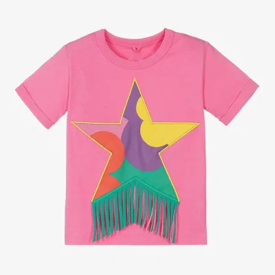 Customized HAPA Children's Tassel Edge Star Printed Pure Cotton Casual Girls T-shirt Short Sleeve Breathable O-Neck 180g All