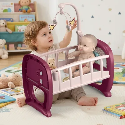 Fun Plastic Baby Bed Doll Care Toy with Cute Ringing Simulation Doll Crib Role Playing Set