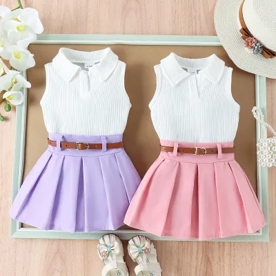 Children Clothing European American Style Casual Summer New Cotton-Polyester Rib-Knit Softened Sleeveless Set Girls 3 Years
