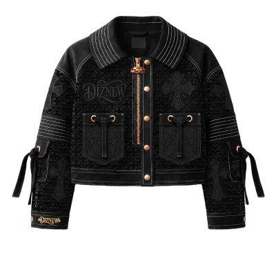 DIZNEW Black Quilted Jacket Diamond Cross Baroque Emboss DIZNEW Logo Press Gold Bronze Zip Snap Cuff Nameplate Side Tie Custom
