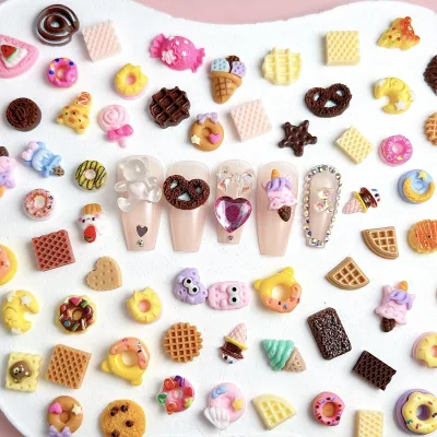Bulk Cartoon Style Food Toy Cookies, Donuts Chocolate Resin Nail Accessories DIY Cream Glue Hair Clips Resin Charms