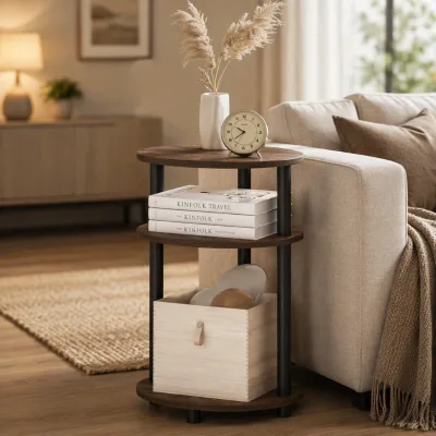Phoenix Wholesale 3-Tier Oval Modern Night Stand & Bedside Table Bedroom Furniture Amber Pine Wood Living Room