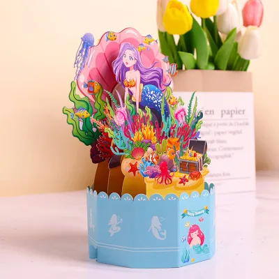 Mermaid Under Sea 3D Pop up Box Greeting Card Kids Birthday Christmas Paper Gift Card