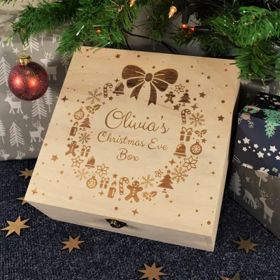 Custom Engraved Name Christmas Storage Box, Keepsake Wood Gift Box with Latch, Xmas Eve Gift Box for Family Kids Holiday Present