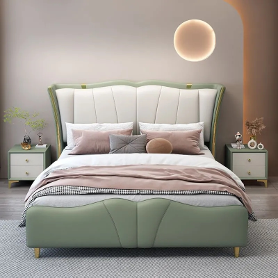 High-end Light Luxury Wooden Bed Frame With Environmental Technology Cloth Leather Bed Set