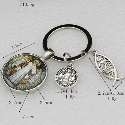 Wholesale 3-in-1 Catholic St. Benedict Medal Keychain Set, Epoxy St. Benedict Cross & Jesus Fish Religious Amulet for Protection