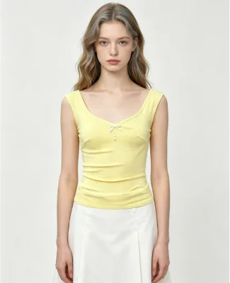 Women Pearl Bow Sleeveless Top V Neck Slim Fit Knit Tank Top