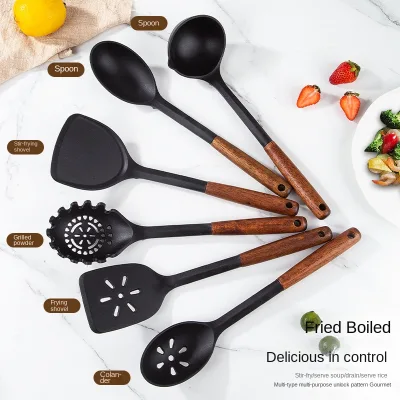 New Sustainable Modern Wooden Handle Aluminum Silicone 7-Piece Kitchenware Set High Temperature Resistant Non-Stick Pan Gas
