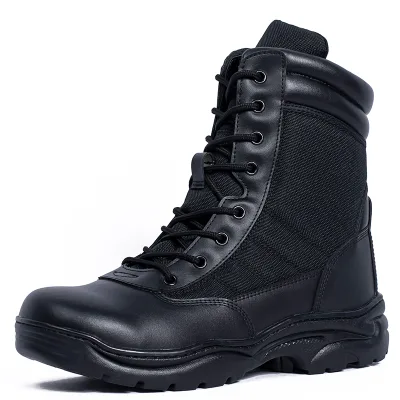 Lightweight Breathable Cow Leather & Woven Fabric Mid-Calf Outdoor Training Boots, Anti-Slip All-Season Hiking Footwear
