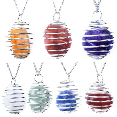 HY 2021 Copper Wire Winding Water Droplet Tumbled Stones Energy Stone Pendant Necklace