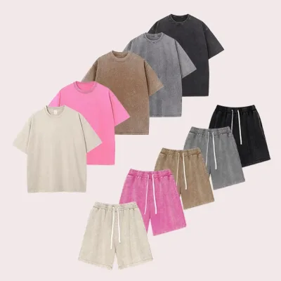 Wholesale Custom Eco-Friendly Summer Men's T-Shirts Washed 260 GSM 100% Cotton Short Sleeve T-Shirt Shorts Casual Set for Men