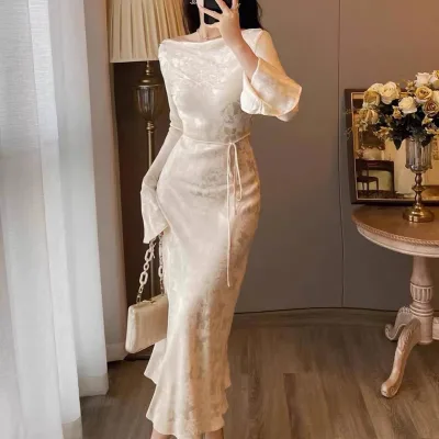 Swing collar design long sleeve 2025 new female draping feeling wrapped hip skirt