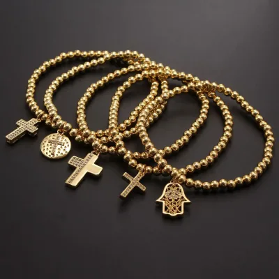 Fashion Hamsa Hand/Cross Pendant Cubic Zirconia Stone Beaded Bracelet 18K Gold Plated Elastic Women Bangles Religion Jewelry