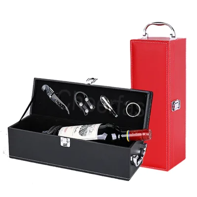 Christmas Gift Top Handle Wine Carrier Case Box and 4pcs Wine Accessory Wine PU Leather Single Bottle Box