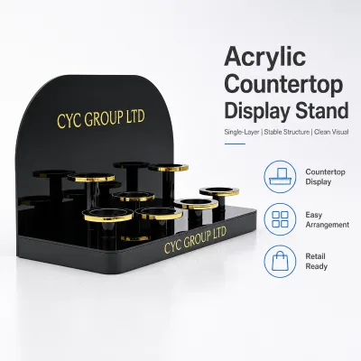 Custom Gold Logo Black Acrylic Display Stand for Brand Retail Counters Luxury Acrylic Display Rack for Perfume