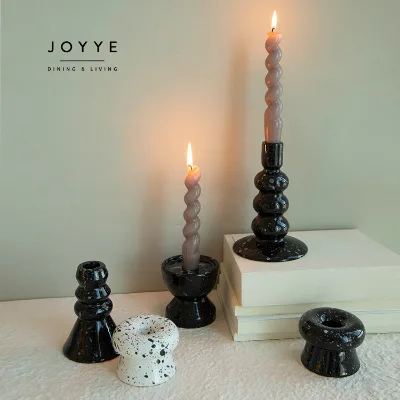 JOYYE Custom INS Modern Style Stoneware Shiny Black White Sprayed Design Candle Holders