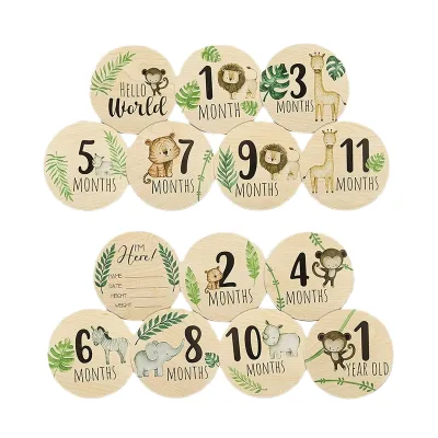 Wooden Animal Theme Baby Monthly Milestone Cards Eco-Friendly Fashion Durable Commemorative Birthday Welcome Newborn Photography
