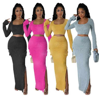 Ribbed Printed Skirt Set Casual Crop Top and Long Bottom Piece Sets Women