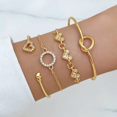 Wholesale 4Pcs Alloy Bracelet Set for Women Minimalist Open Cuff Stackable Daily Wear Fashion Jewelry Gift Bulk
