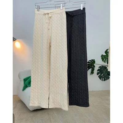 Ground Flower High Waist Width Knit Cable Pants Leg Show Thin Trousers Women Thick Loose Trousers