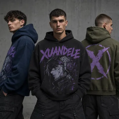 Luxury Streetwear Acid Wash Vintage Hoodie Custom Large Area Digital Print Anime Cyberpunk Design Oversized Boxy Pullover Hoody
