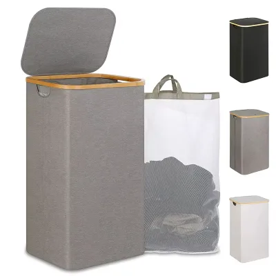 Large Collapsible Fabric Laundry Basket with Lid and Removable Inner Bag 100% Cotton for Bathroom and Wardrobe Clothes Storage