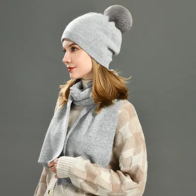 Handmade Knitting 2024 Winter Hats and Scarf Set High Quality Cashmere Women Winter Knitted Hat Pompom Beanie Warm Scarf