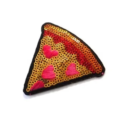 Gold Sequin Pizza Slice Embroidery Patch, Iron on Pink Heart Pepperoni Food Patch Applique for Jacket Backpack Cute Casual DIY