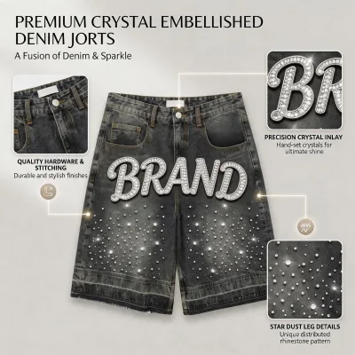 Custom DTG Printing Straight-leg Jeans Shorts Sun Faded Acid Washed Jorts Rhinestone Baggy Denim Shorts for Men