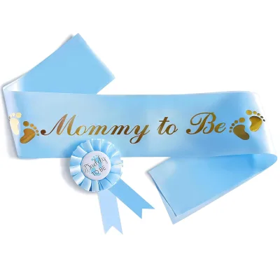 Baby Shower Decorations Cute Mommy Blue Glossy Satin Sash with Gold Glitz Letters Gender Reveal Party Gifts for Boy or Girl