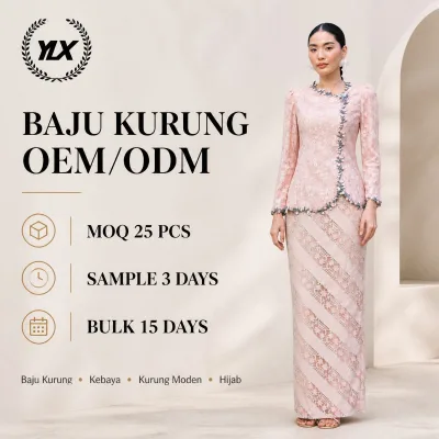 Custom Chiffon Baju Kurung Women Two Piece Blush Lace Dark Floral Embroidery Breathable Elegant OEM ODM Private Label Malaysia