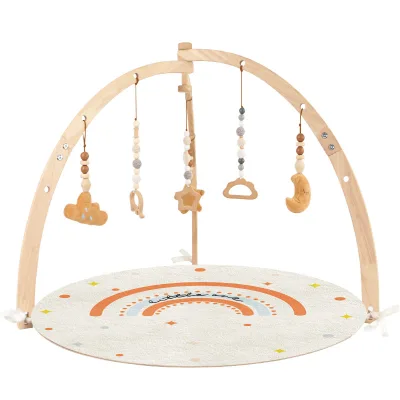 Easy-Fold Wooden Tummy Time Mat Baby Play Gym & Activity Mat with 6 Detachable Sensory Toys