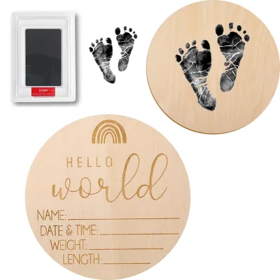 Newborn Gifts Polished Wooden Baby Birth Announcement Sign Ink Pad DIY Home Decoration Hand Footprints Photo Prop Nursery