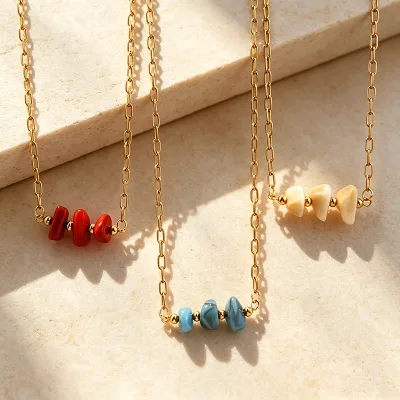 Custom Three Color Gemstone Necklace for Women Stainless Steel Natural Stone Boho Vacation Minimalist Fashion Jewelry