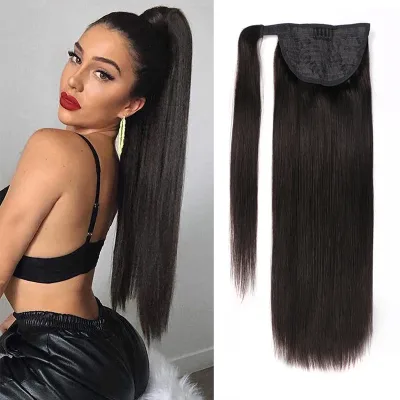 100% Natural Virgin European Remy Human Hair Extensions Long Black Stick-On Clip-in Ponytail